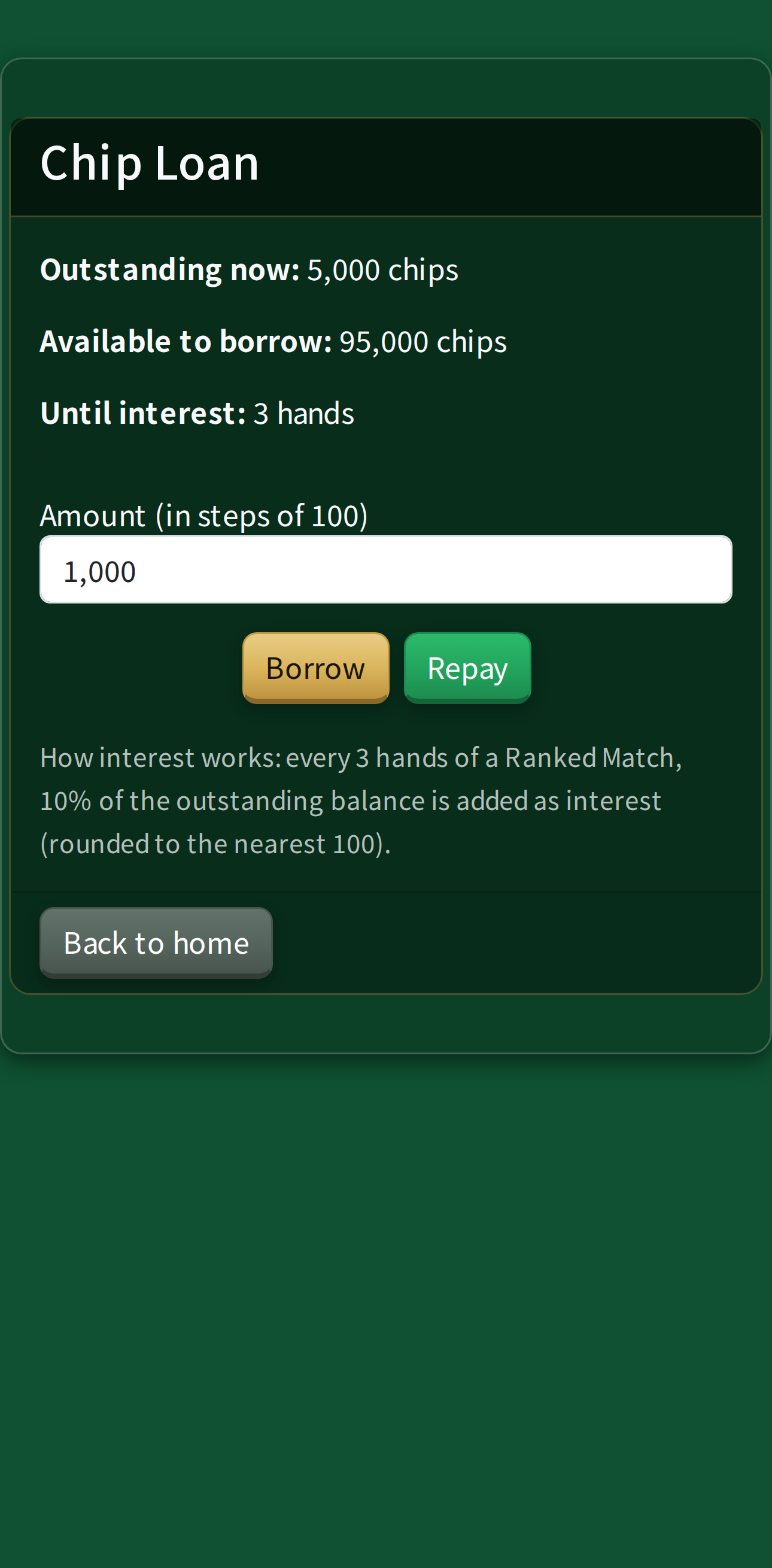 The chip loan screen