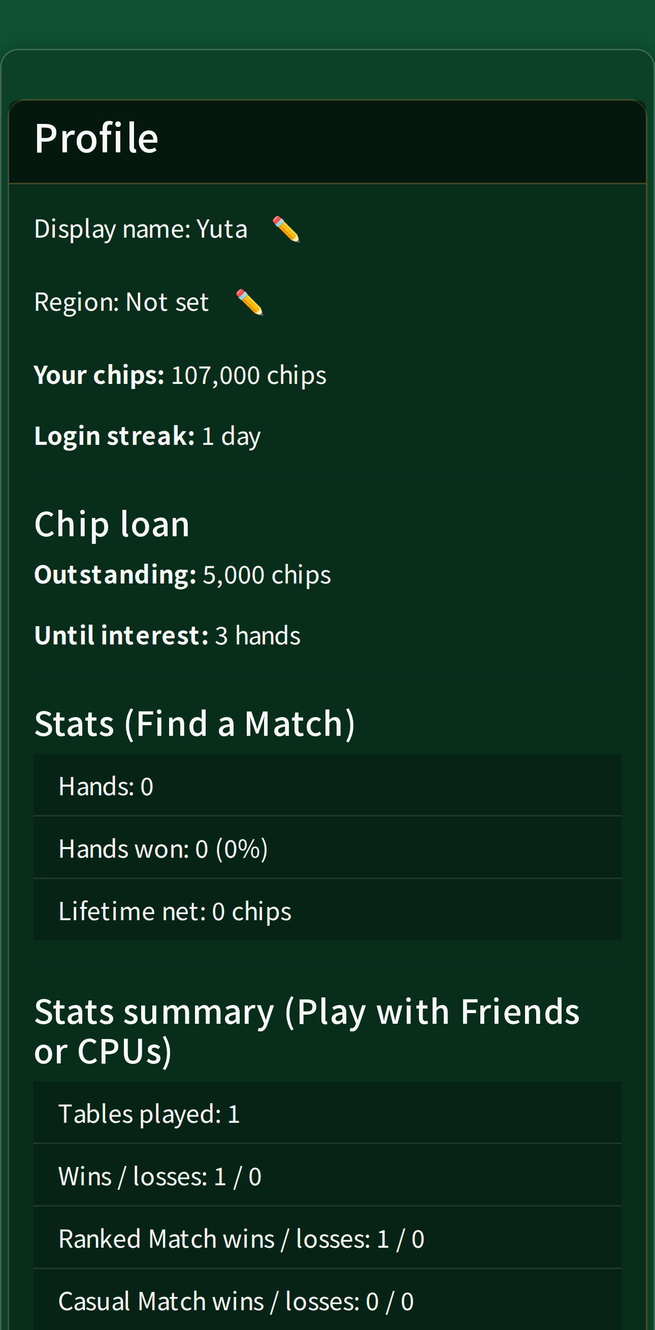 The profile screen