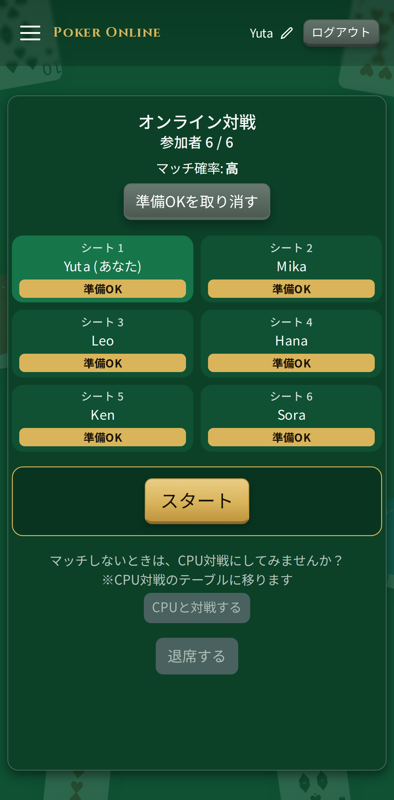 オンライン対戦で6人がそろった画面