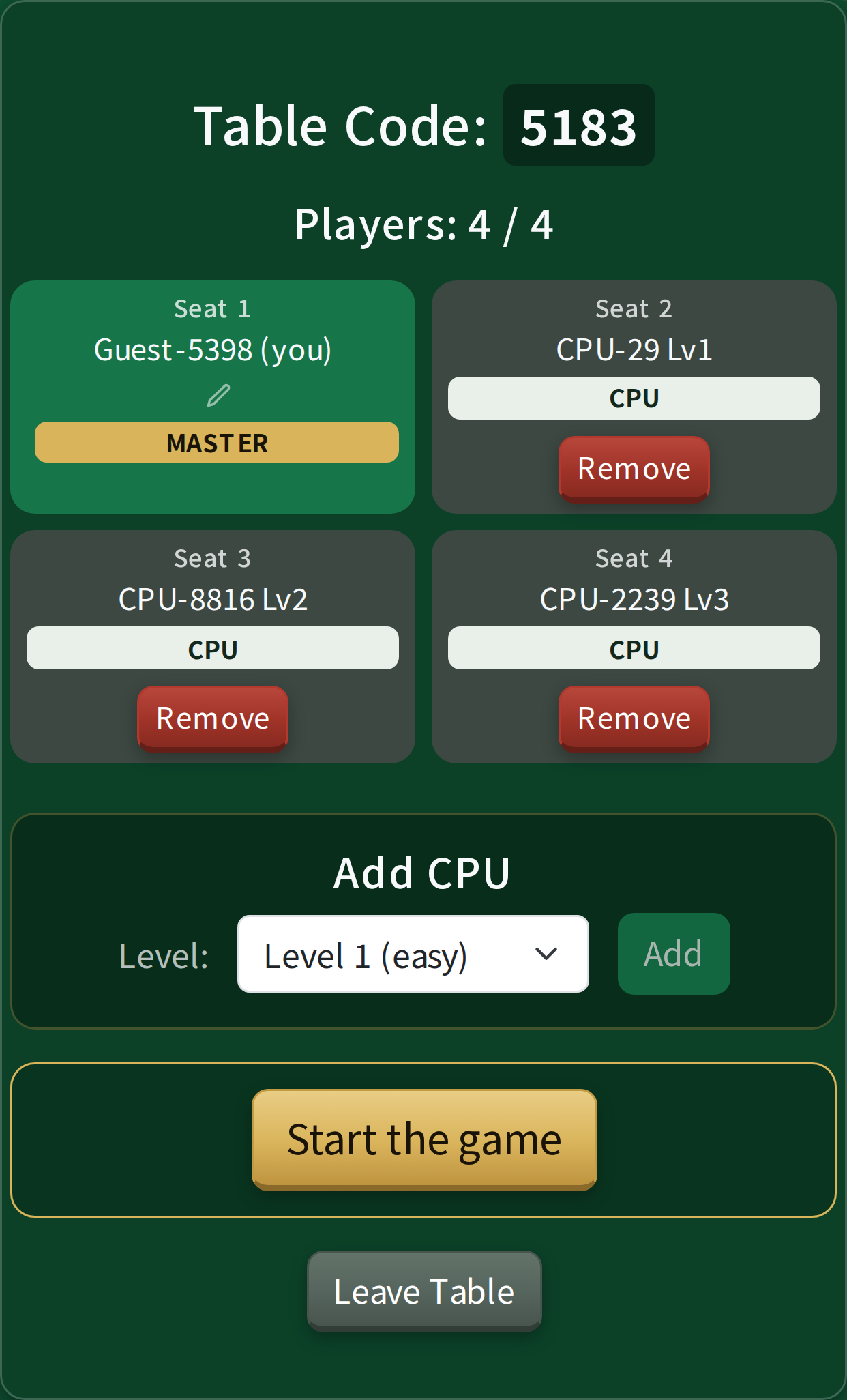The screen for adding players and CPUs