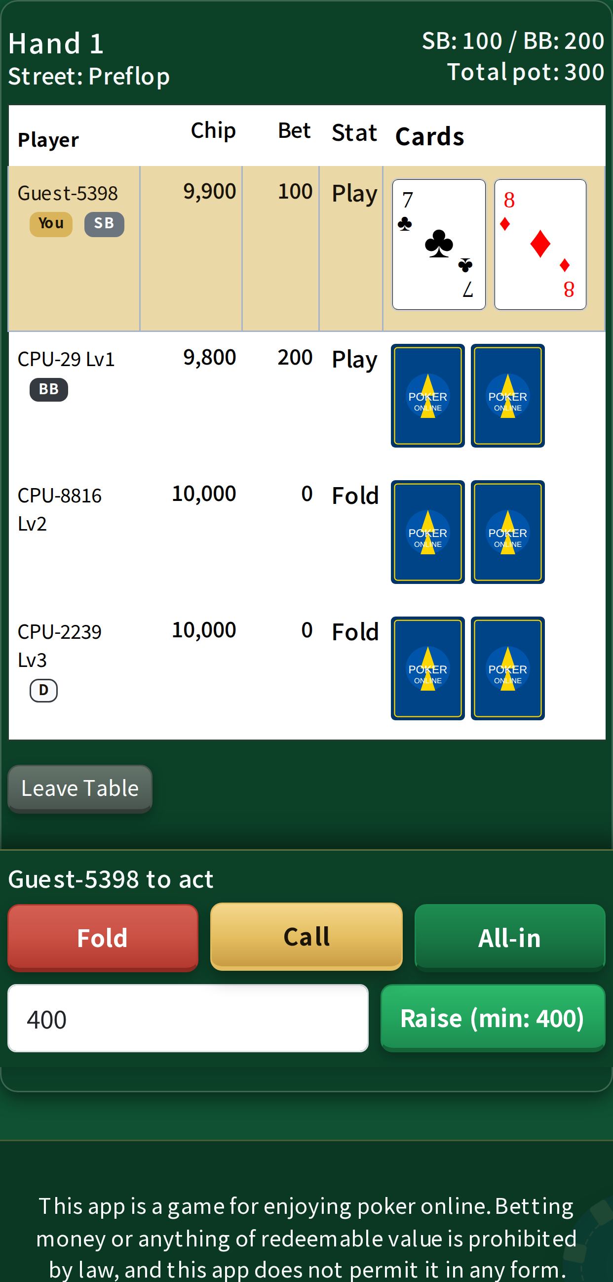 The action buttons on the preflop street