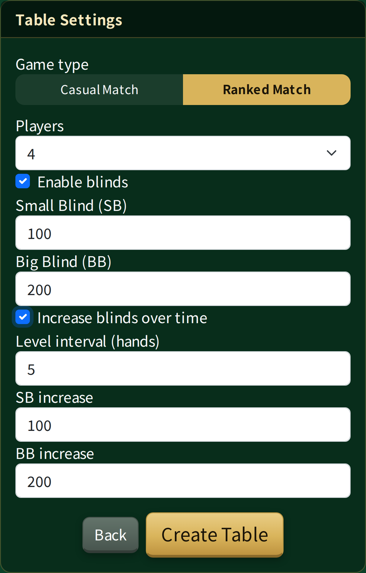 The table settings screen for a Ranked Match