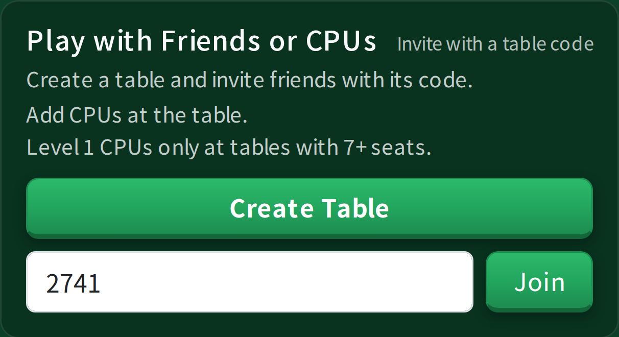 The table code entry screen