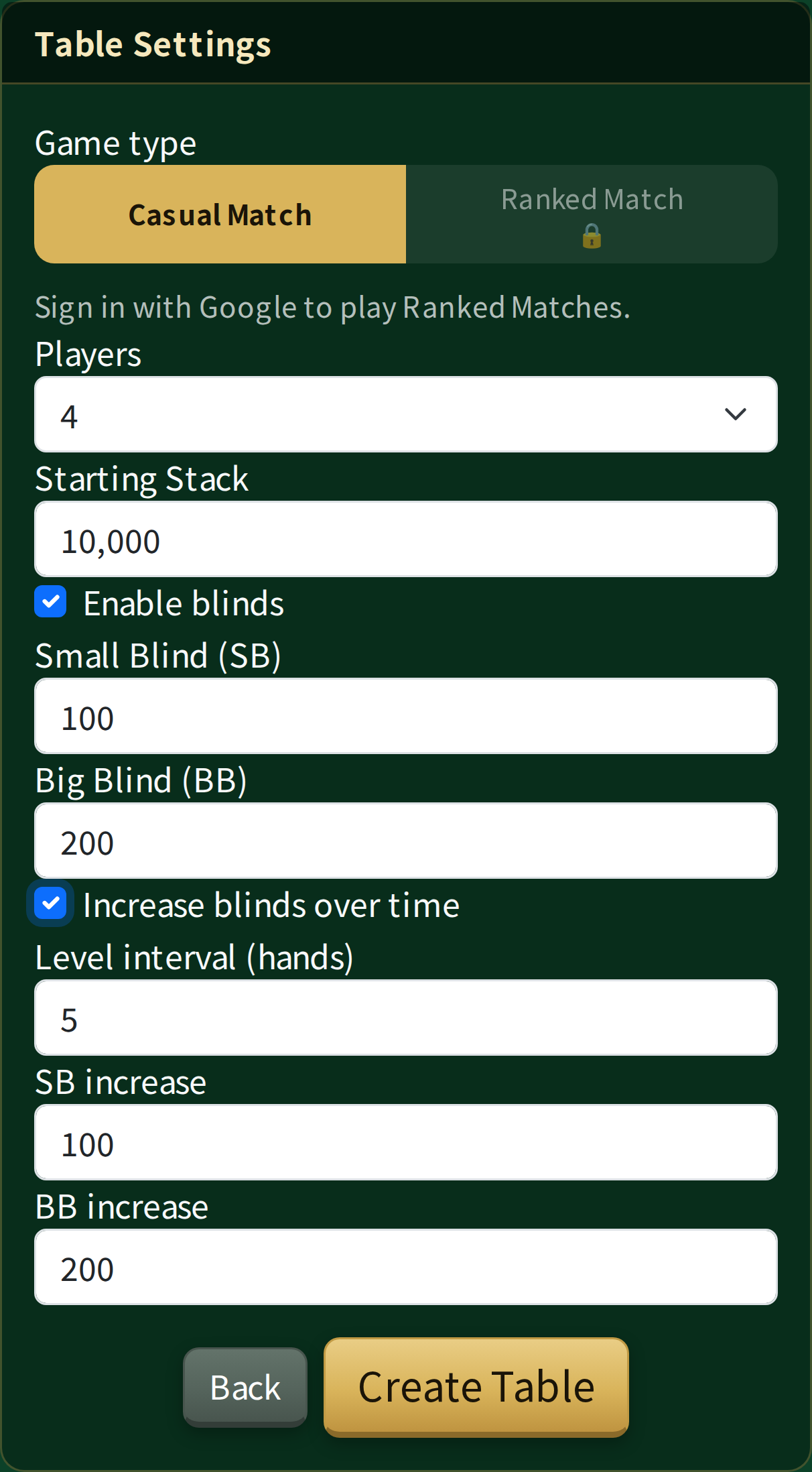 The table settings screen for a Casual Match